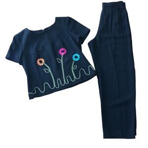 Vintage VIRGO 11 floral embroidered matching top & pants size 6 p